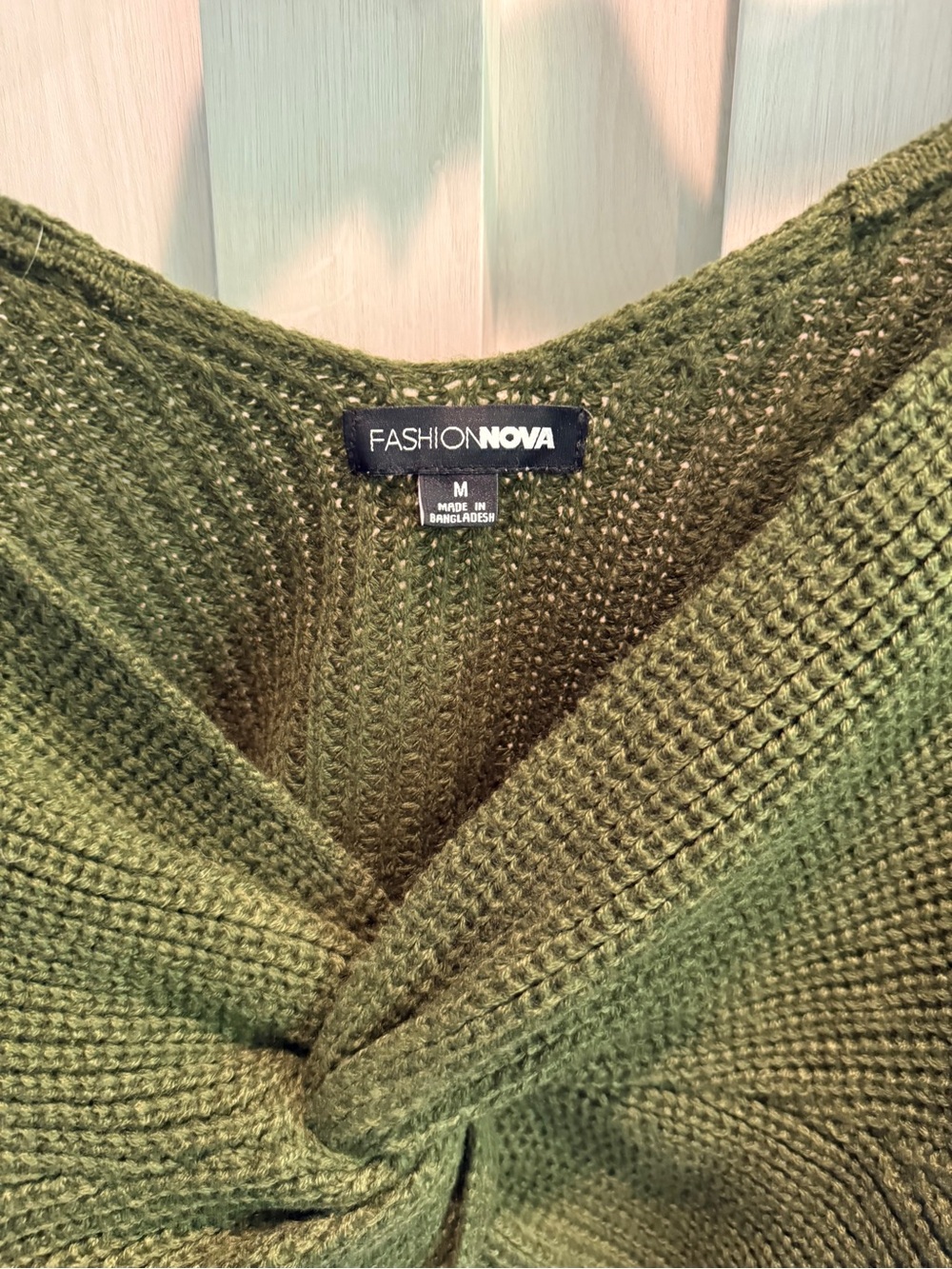 Fashion Nova Olive Green Off-Shoulder Twist Knit Sweater - Picture 4 of 4